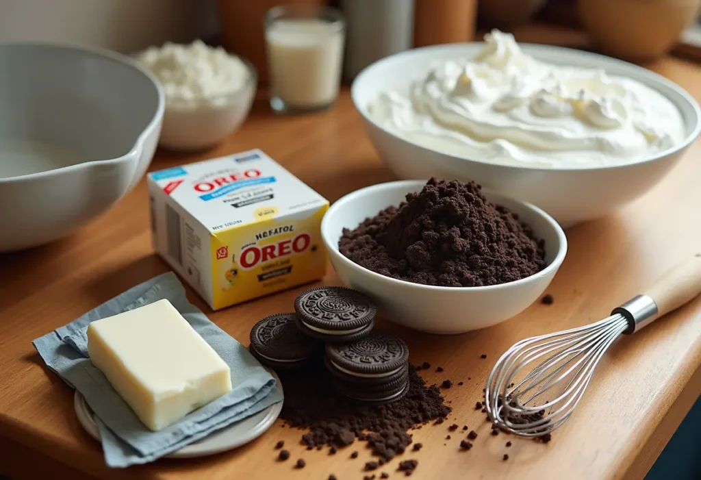 A display of dirt cake ingredients, including crushed Oreos, pudding mix, cream cheese, whipped topping, and butter.