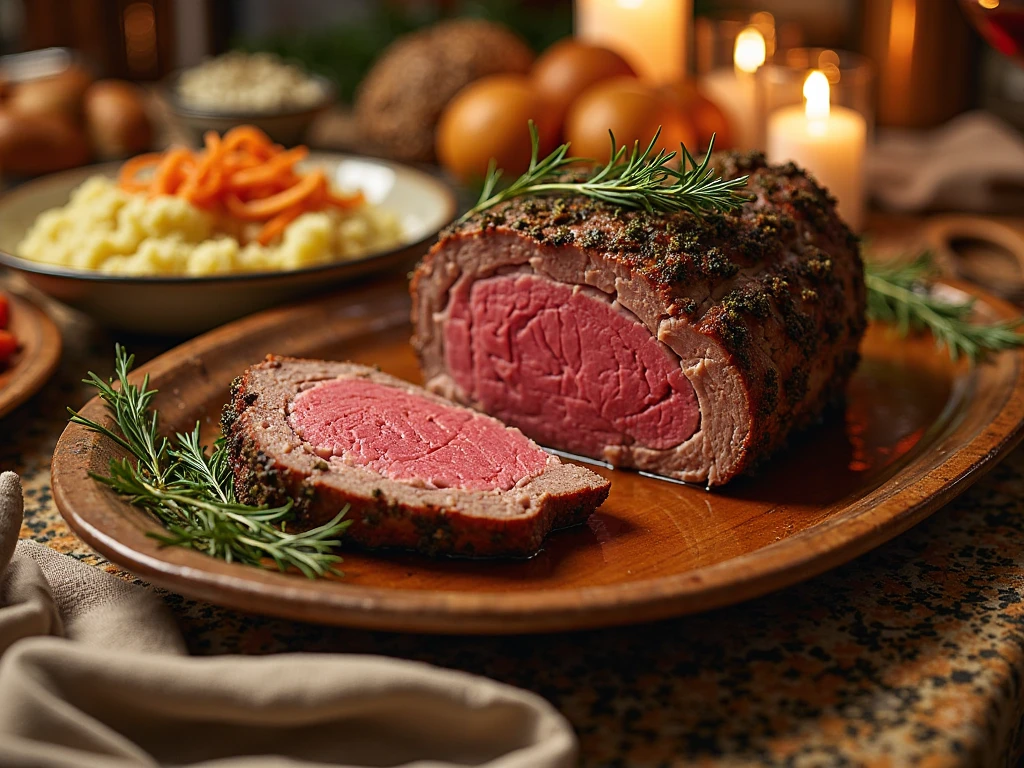 Sliced roast beef served with rosemary and side dishes.