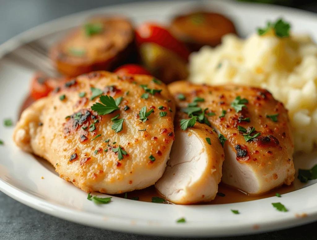 A beautifully plated chicken breast with sautéed vegetables and sauce.