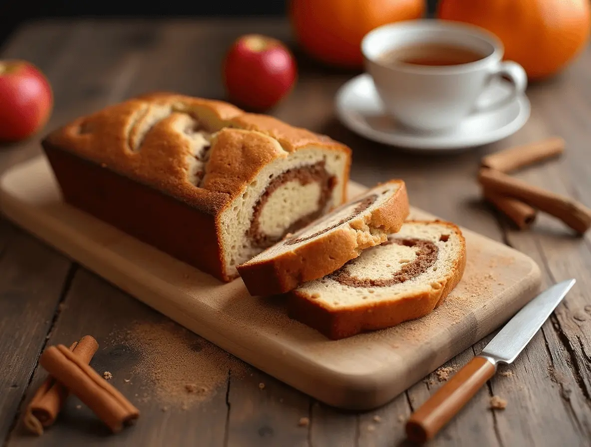 A freshly baked loaf of homemade sweet bread with cinnamon swirls, sliced to show its soft texture.