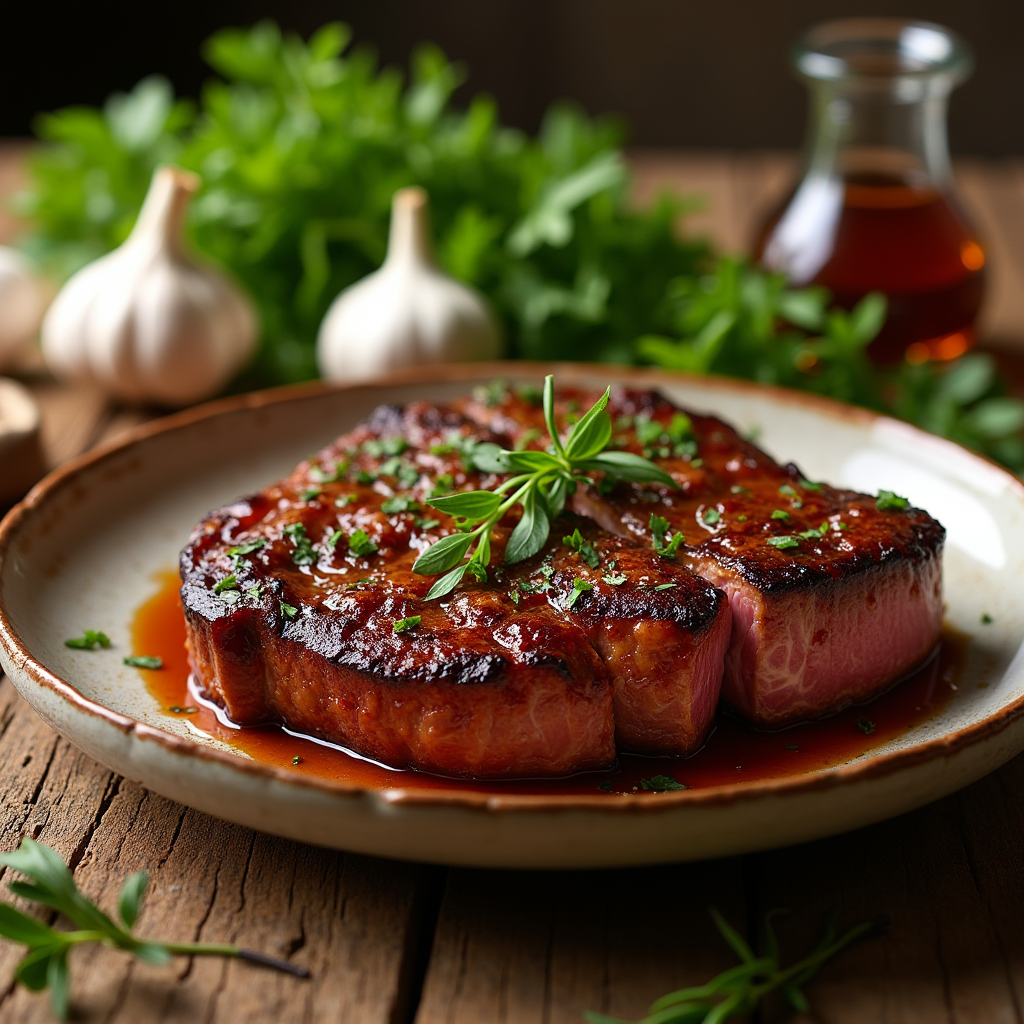 Easy Beef Recipes – A beautifully plated beef dish with a rich glaze, surrounded by fresh ingredients on a rustic wooden table.