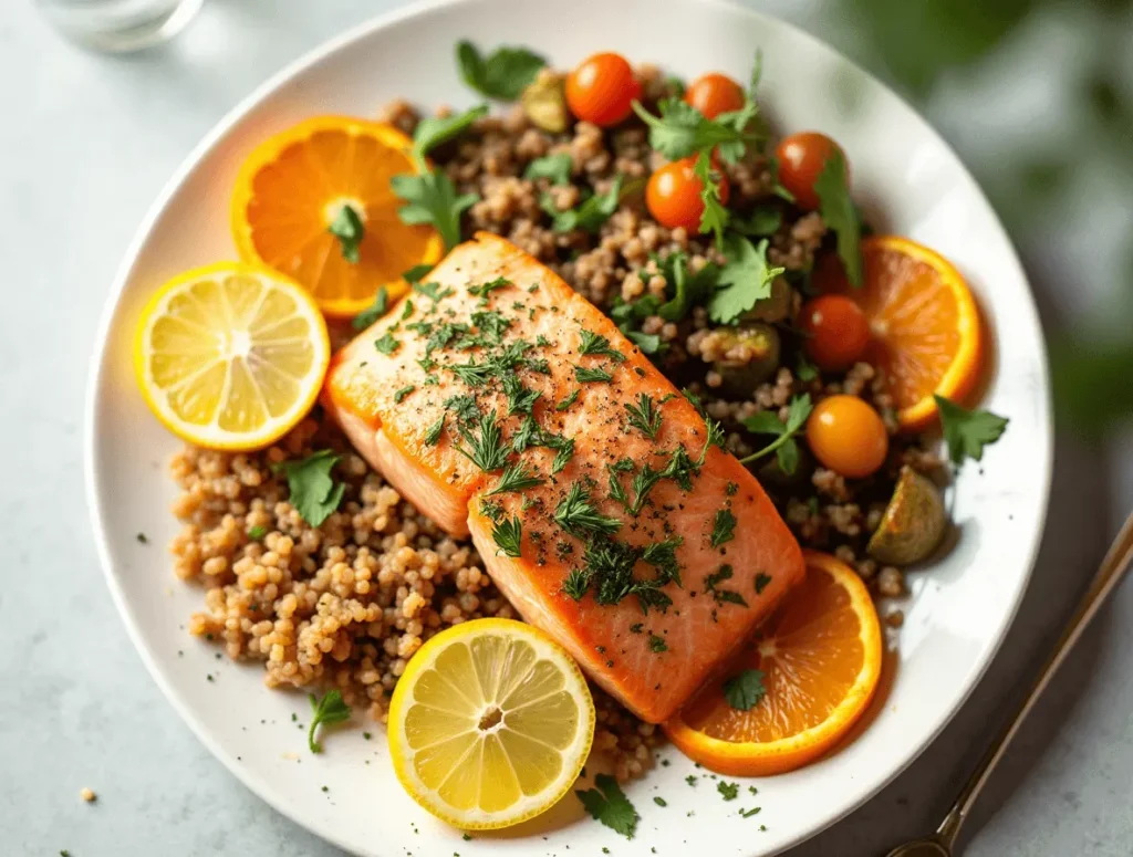 A vibrant Fresh Salmon Twist dish featuring a salmon fillet topped with fresh herbs and citrus slices, served with roasted vegetables and quinoa for a healthy, balanced meal.
