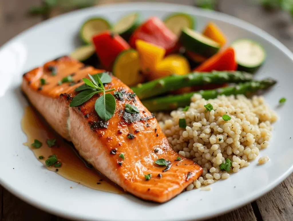 Fresh salmon fillets served with quinoa and roasted vegetables.