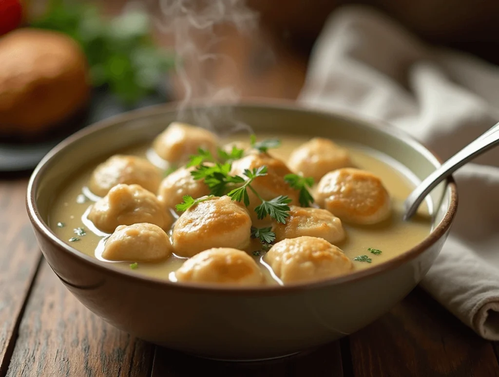 "A steaming bowl of Chicken and Dumplings with tender chicken, fluffy dumplings, and a rich broth, garnished with fresh parsley on a rustic wooden table