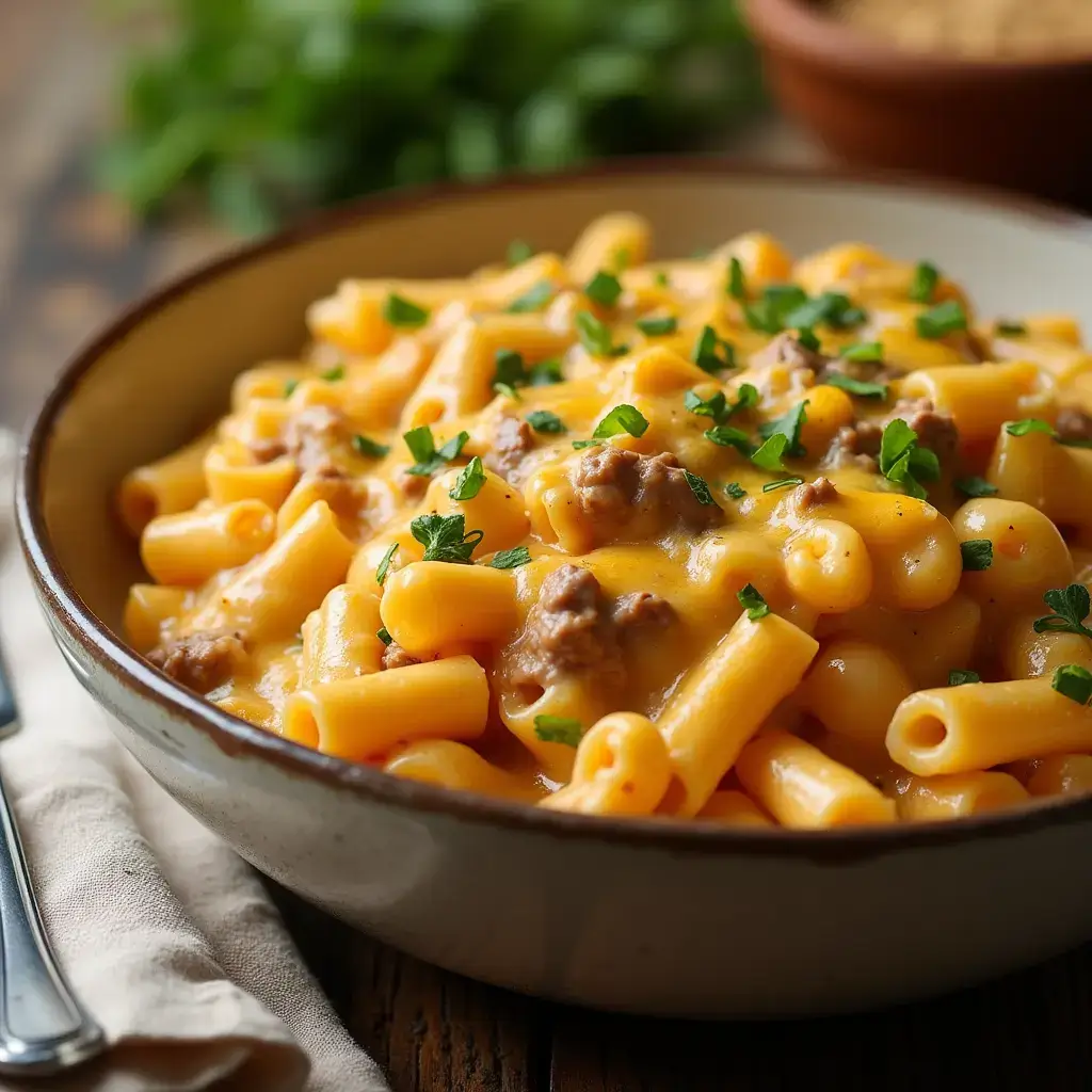 Beef and Cheddar Ranch Pasta with creamy cheese sauce in a rustic bowl.