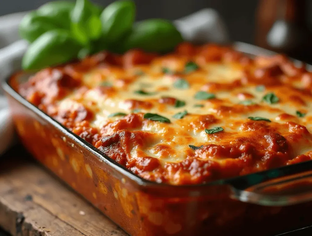 A freshly baked lasagna with melted cheese and layers of pasta and sauce.