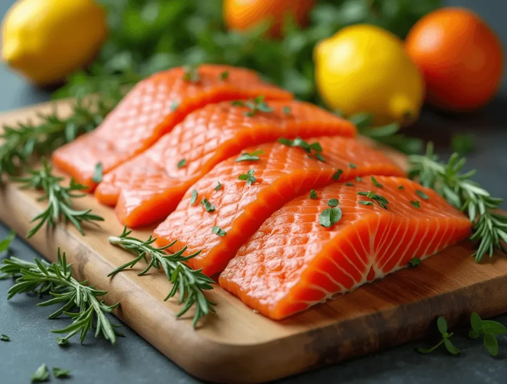 Fresh salmon fillets on a cutting board, surrounded by herbs like rosemary and thyme, with colorful citrus slices of lemon and orange, highlighting the healthy ingredients for a delicious meal.