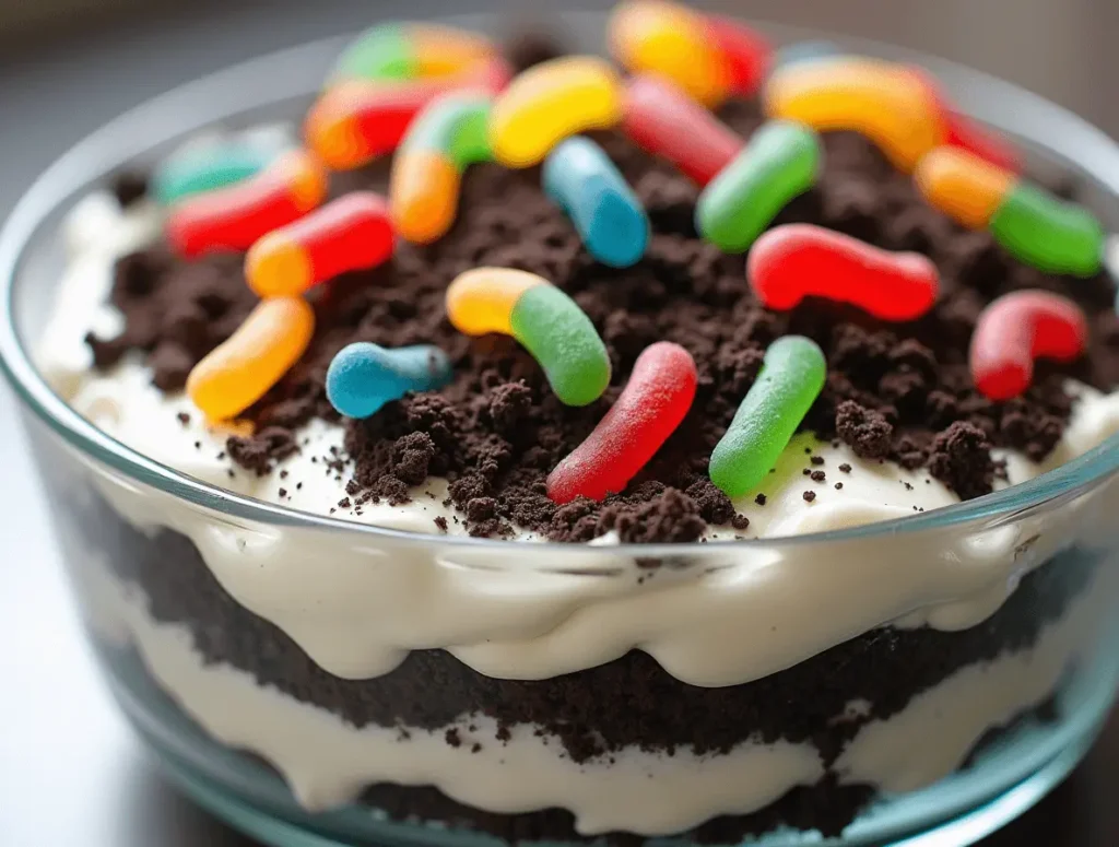 Classic dirt cake dessert with Oreos and gummy worms