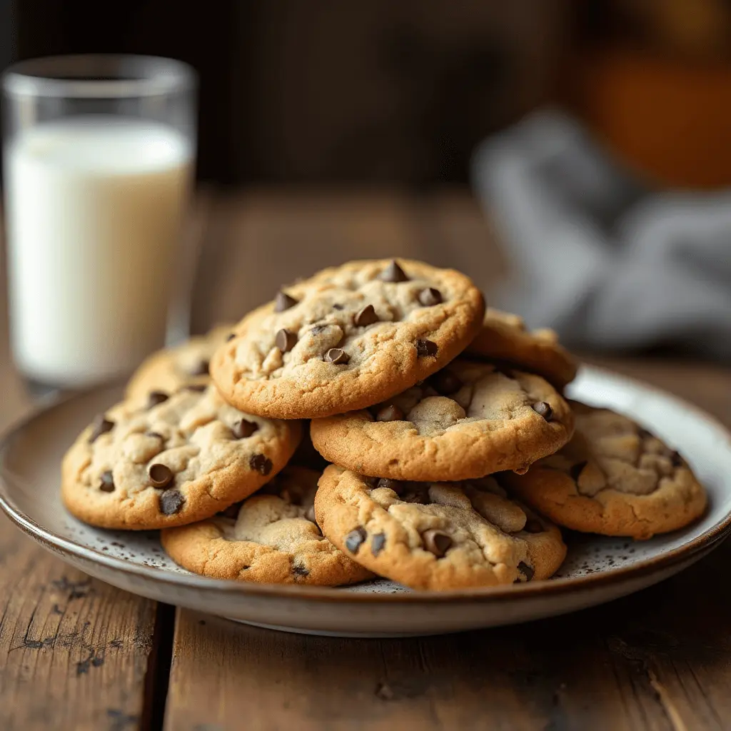 A close-up of a stack of homemade chocolate chip cookies with gooey melted chocolate inside.