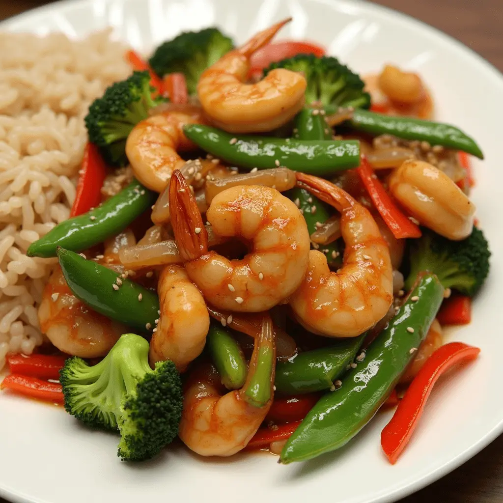 Chicken and shrimp stir fry with vegetables, soy sauce, and sesame seeds, served with jasmine rice.