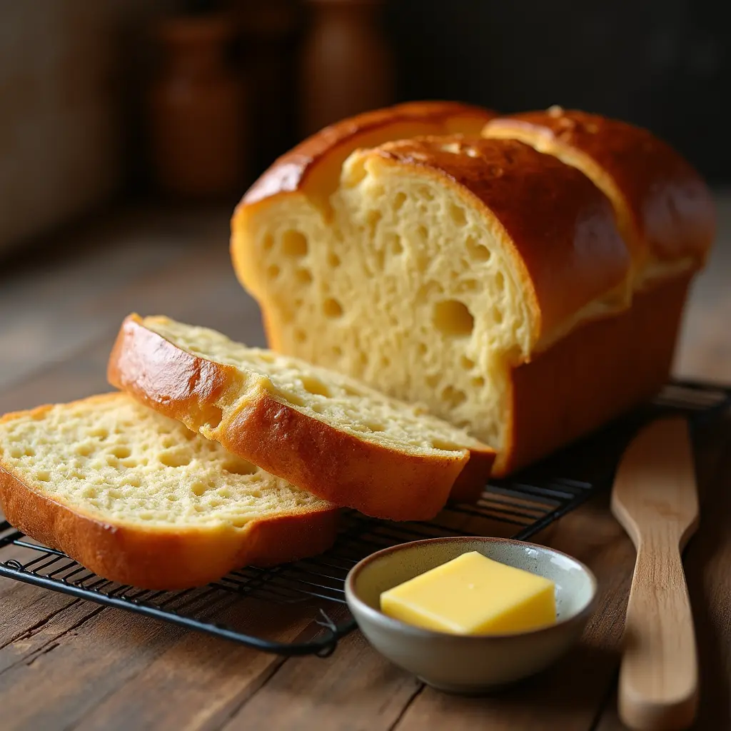 Freshly baked brioche recipe with a golden-brown crust, soft and airy crumb, cooling on a wire rack.