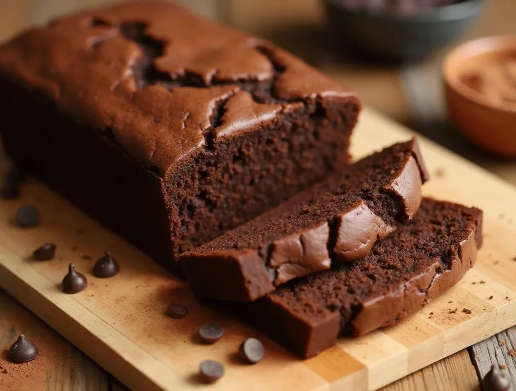 Freshly baked brownie bread loaf with a rich, fudgy texture.
