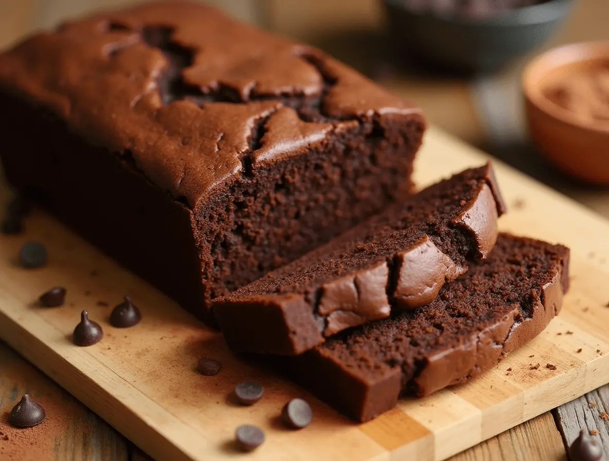 Freshly baked brownie bread loaf with a rich, fudgy texture.