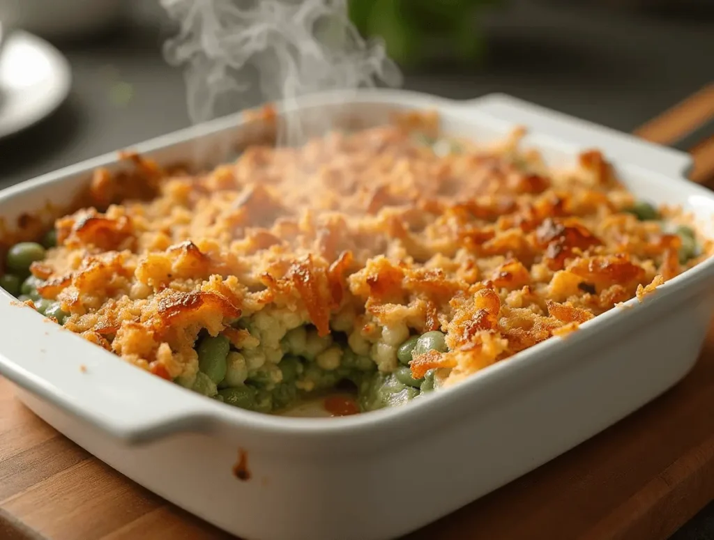 A warm and creamy green bean casserole topped with crispy fried onions, served in a baking dish.