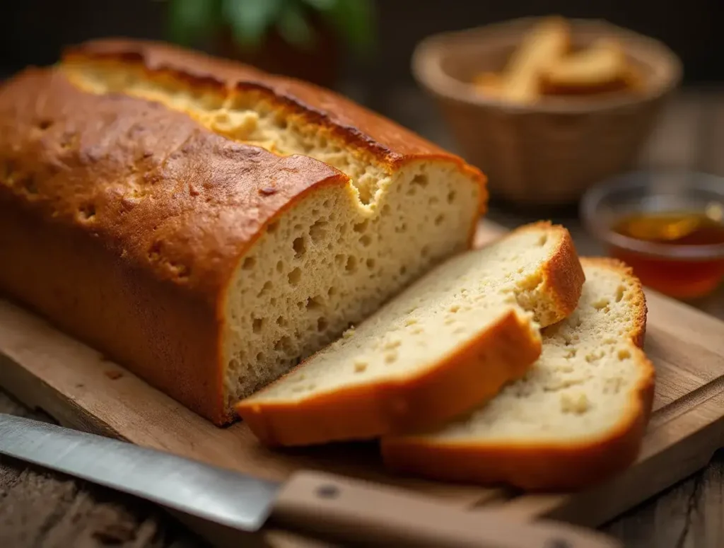 A golden loaf of honey wheat bread, partially sliced, on a wooden cutting board with honey and butter.