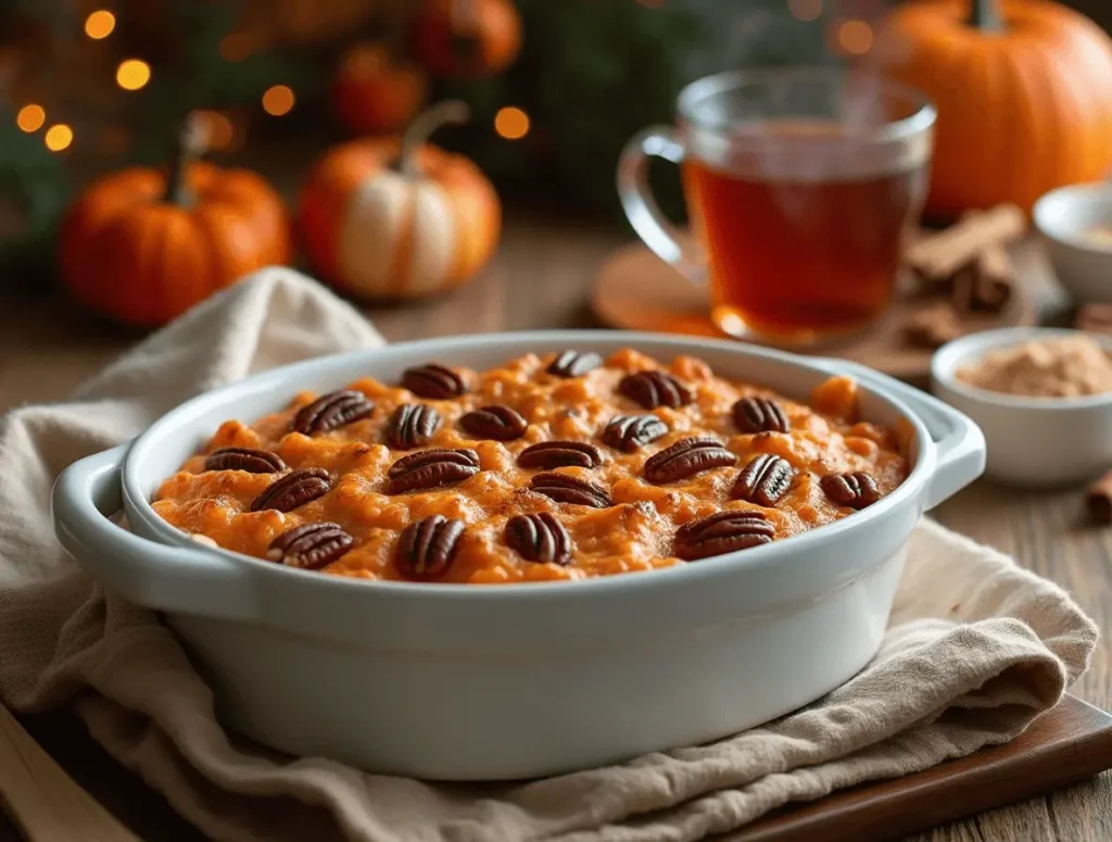 A delicious sweet potato casserole with a crispy pecan topping, served in a white dish on a rustic table.
