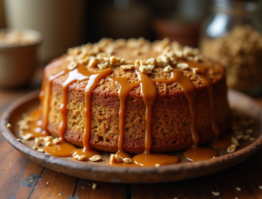 Freshly baked oatmeal cake in a square dish on a wooden counter.