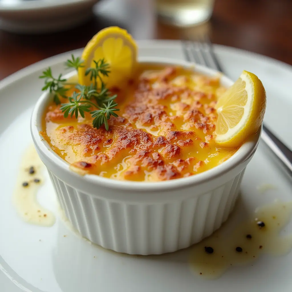 A gourmet crab brûlée dish with a caramelized top, garnished with fresh herbs.