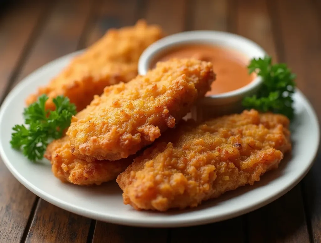 Crispy homemade chicken tenders served with dipping sauce.