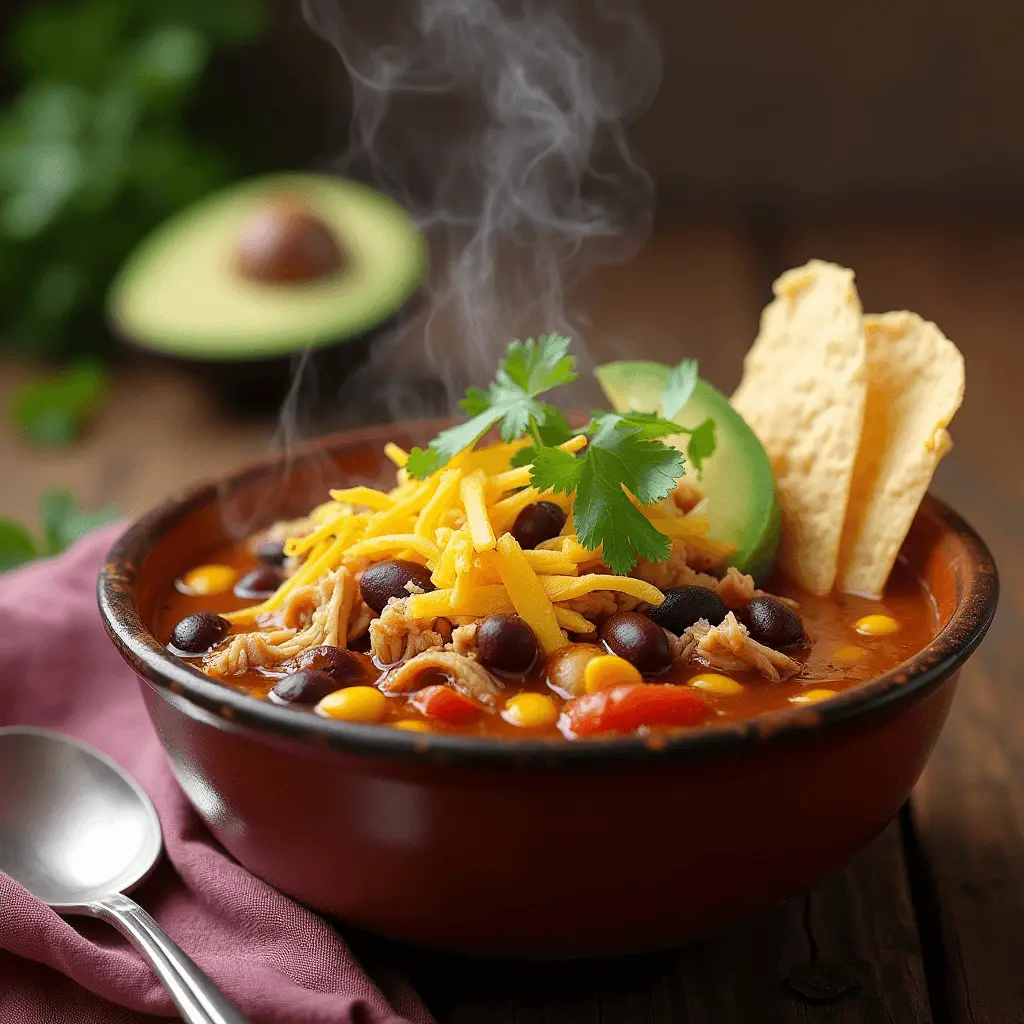 A hearty bowl of chicken taco soup topped with cheese, avocado, and tortilla strips.