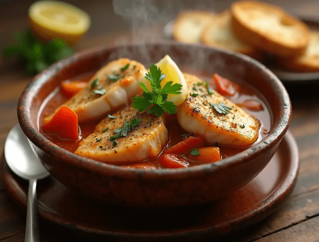 A hearty bowl of fish stew with fresh herbs and vegetables.