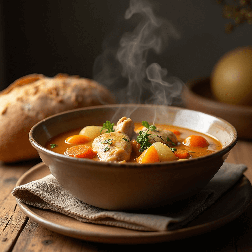 A steaming bowl of homemade chicken stew with vegetables and herbs in a rustic setting.
