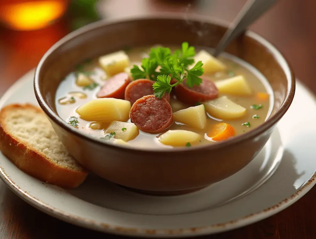 A bowl of creamy Kielbasa Potato Soup with smoked sausage and tender potatoes, garnished with fresh parsley and a side of crusty bread.