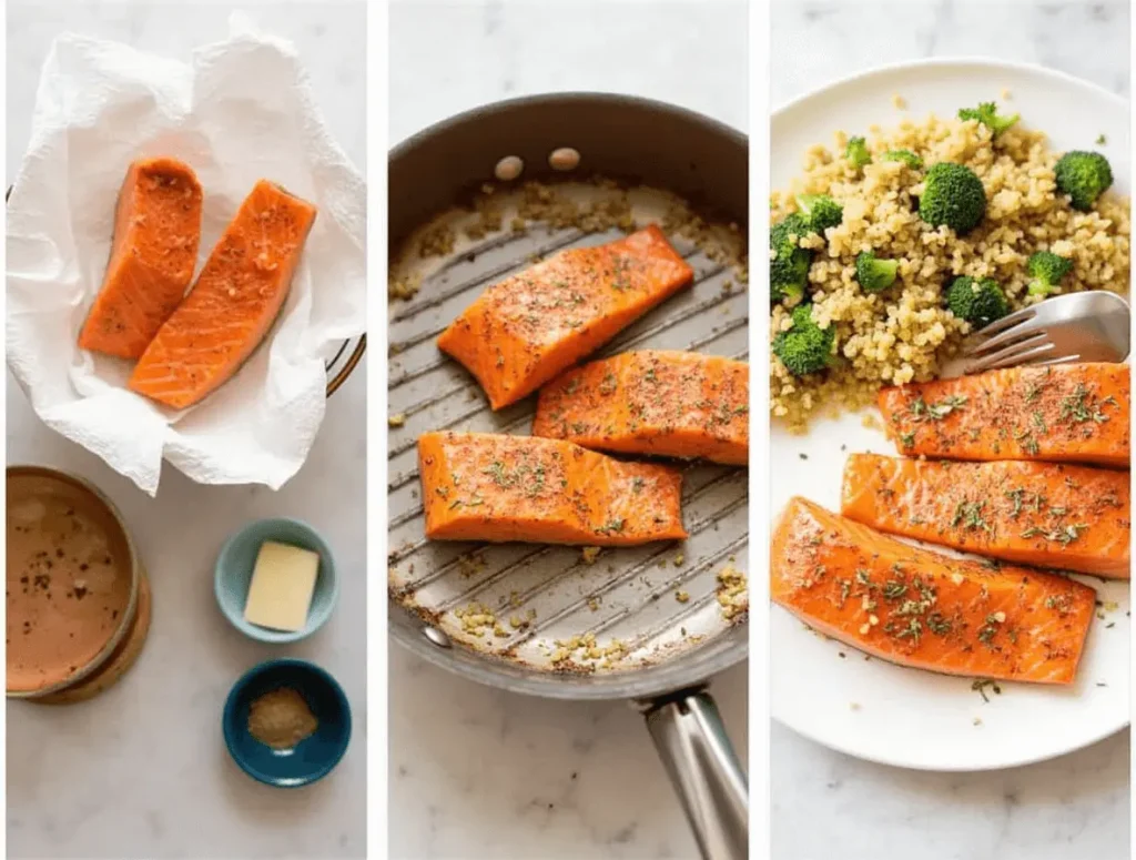 Fresh salmon fillet cooking in a pan with herbs and spices, showcasing the cooking process and the crispy texture of the salmon as it sizzles in the pan.