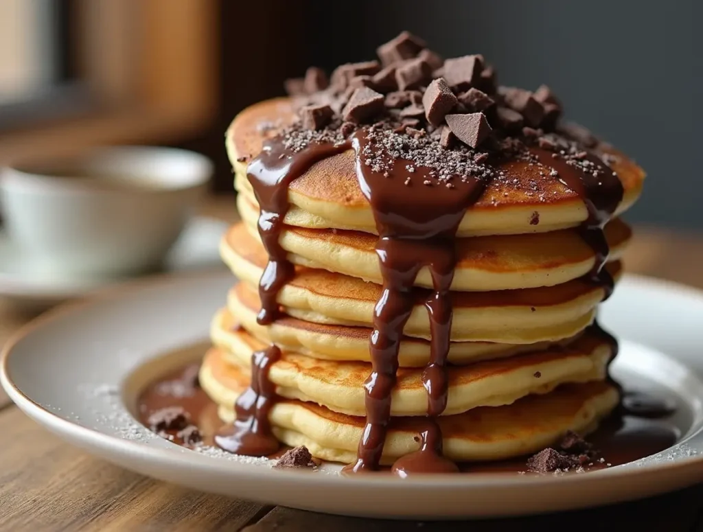 A stack of fluffy pancakes drizzled with melted chocolate and topped with chocolate shavings.