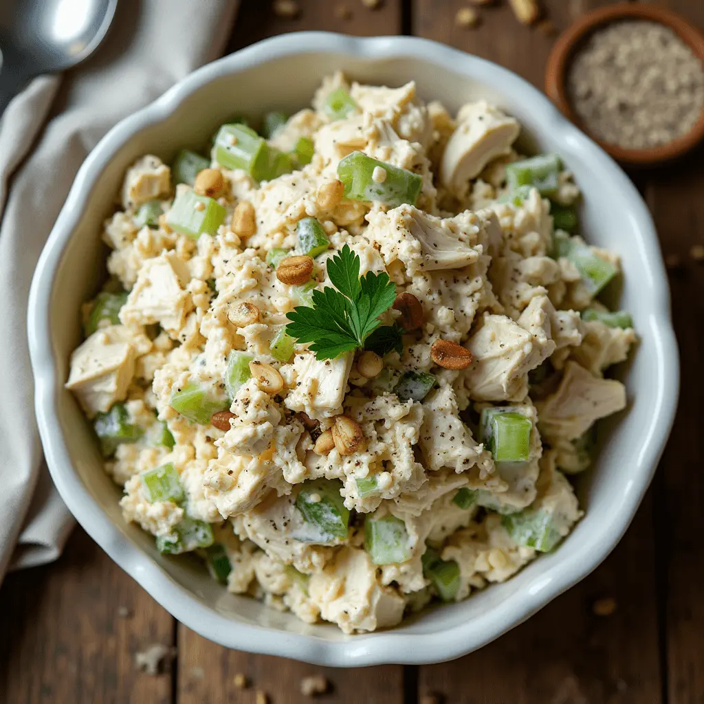 A spoonful of creamy chicken salad with crunchy celery and nuts.