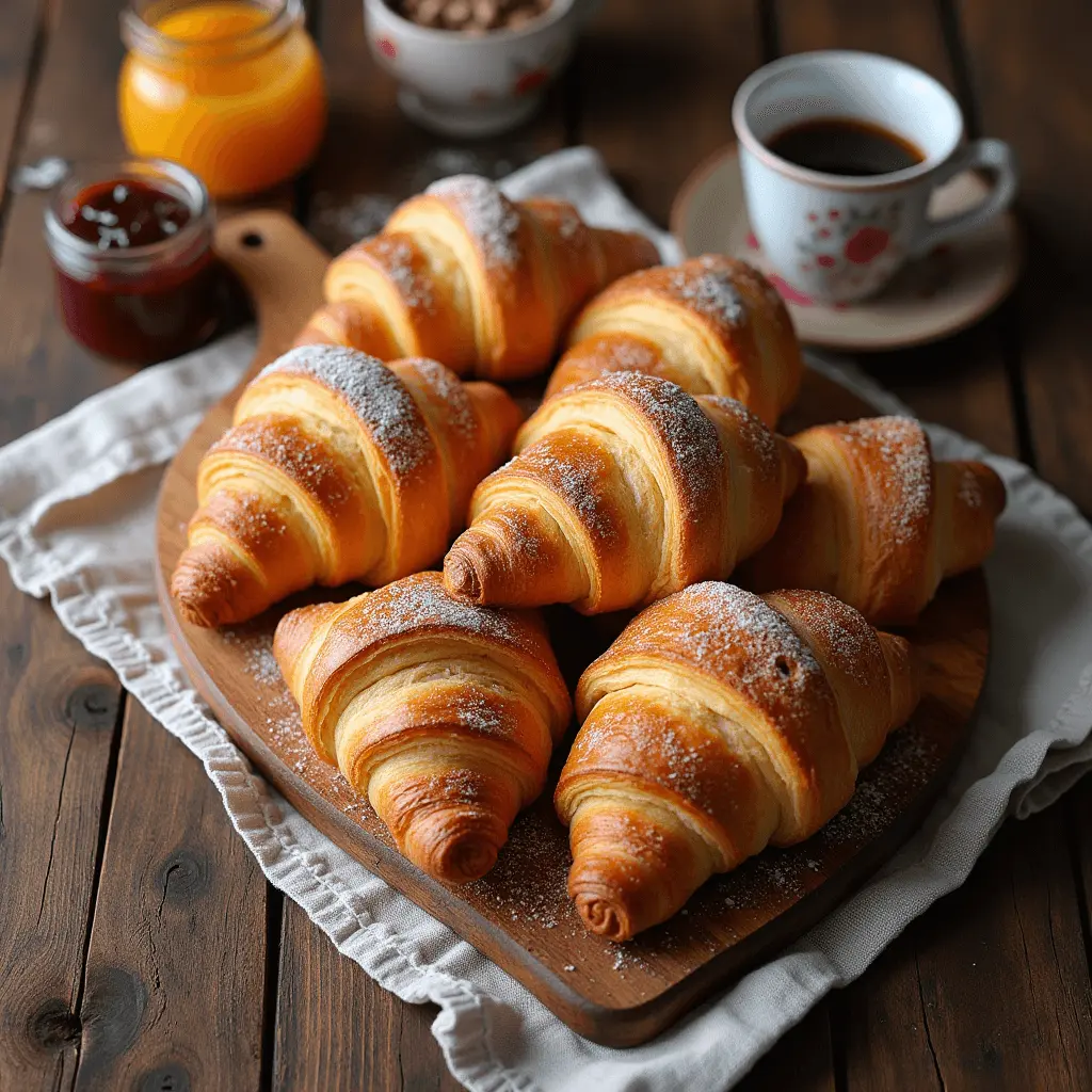 A batch of golden, flaky Swiss Gipfeli resting on a wooden board.