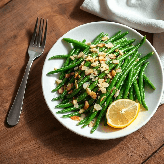 A plate of sautéed green beans garnished with almonds and Parmesan.