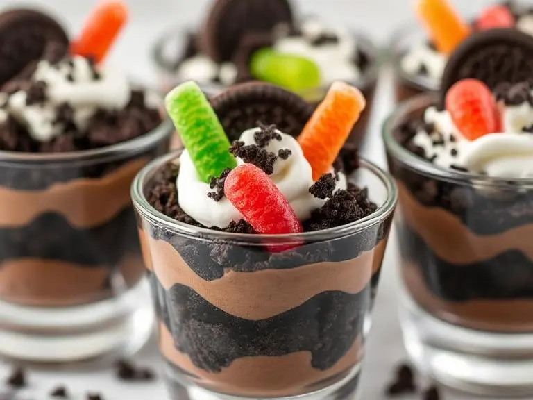 A slice of dirt cake on a plate, showing the layers of pudding and Oreo crumbs.