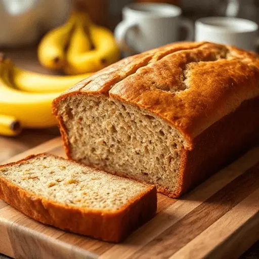 A loaf of freshly baked banana bread made with cake mix, with a golden-brown crust and soft, moist interior.