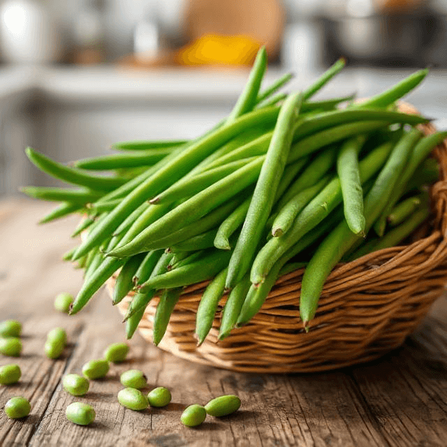  Fresh green beans in a woven basket on a wooden table.