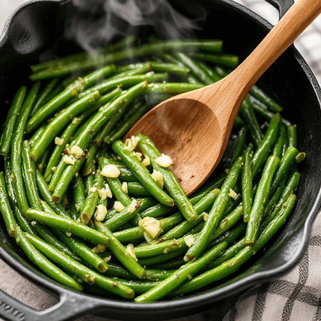  Garlic butter sautéed green beans in a cast-iron skillet.