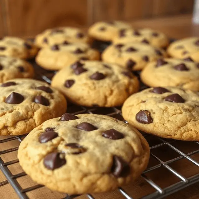 A batch of golden brown Chick-fil-A-inspired chocolate chip cookies cooling on a wire rack.