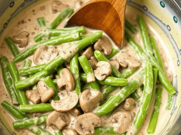 A bowl of green beans mixed with creamy mushroom sauce, being stirred with a wooden spoon.