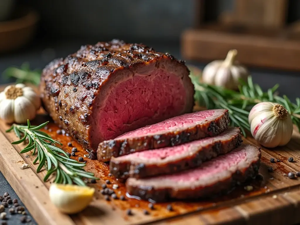 Juicy ribeye roast sliced and garnished with herb
