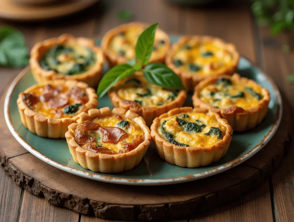A selection of 10 different quiches, showcasing various fillings such as spinach, bacon, and mushrooms, on a rustic table.