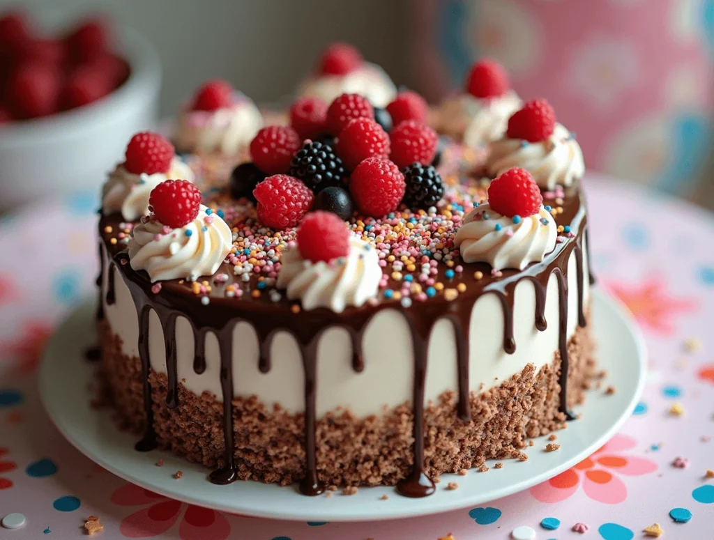 Homemade ice cream cake with sprinkles and whipped cream.