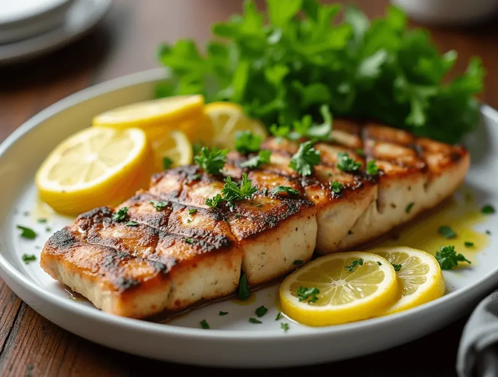 Grilled Easy swordfish recipes steak with lemon and fresh herbs on a plate.