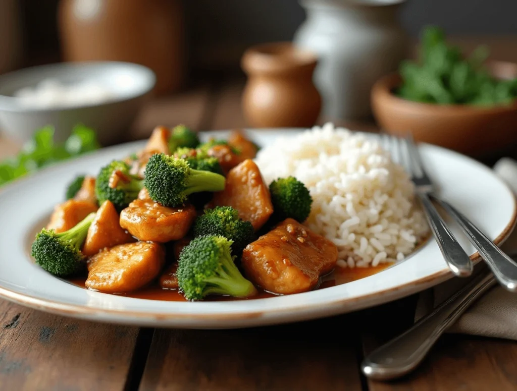 A plate of chicken and broccoli stir-fry served over rice