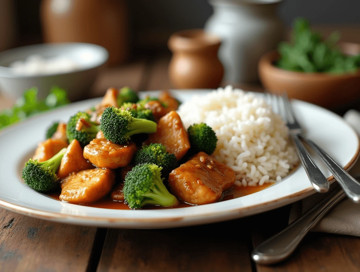 A plate of chicken and broccoli stir-fry served over rice