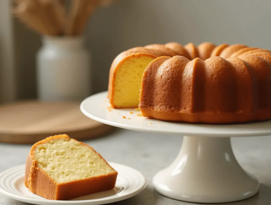 A freshly baked butter cake with a golden crust and soft, fluffy interior.
