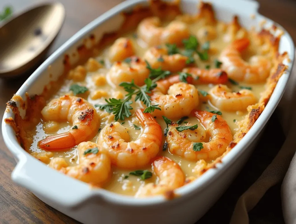 Golden-brown garlic shrimp gratin recipe in a white ceramic baking dish, topped with melted cheese and fresh herbs.