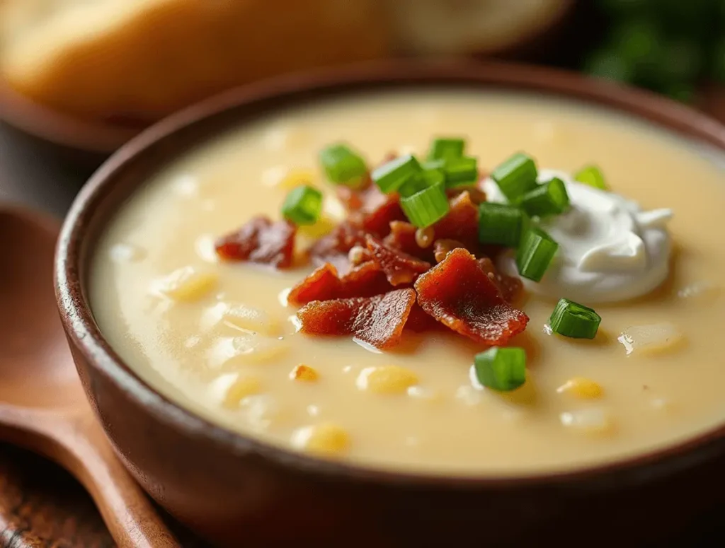 Creamy potato soup in a rustic bowl, topped with bacon and green onions.