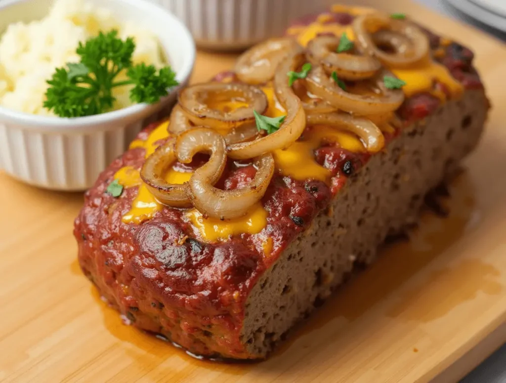French Onion Meatloaf recipe with melted cheese and caramelized onions on a wooden board.