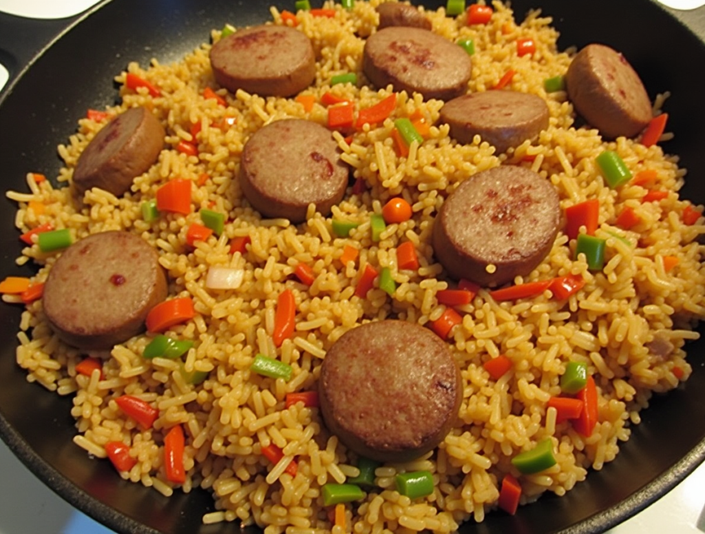 One-pan sausage and rice recipe with bell peppers and onions, sizzling on the stove.