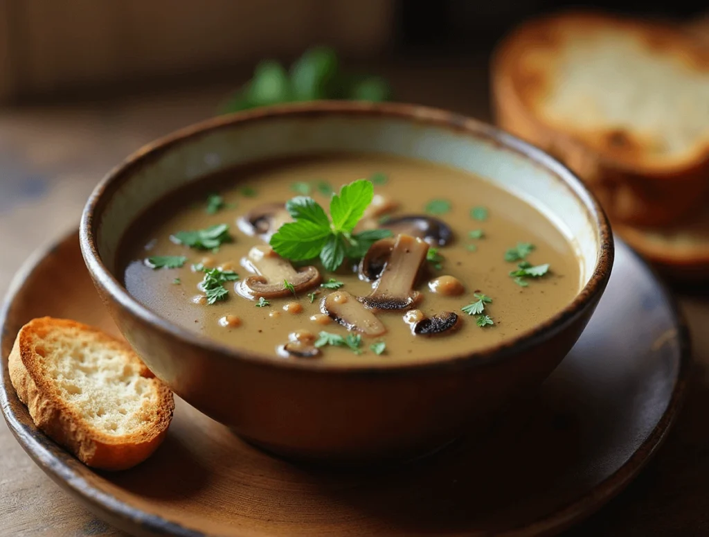 A warm and creamy bowl of homemade mushroom soup, garnished with fresh herbs and crispy croutons, served in a rustic ceramic bowl on a wooden table.